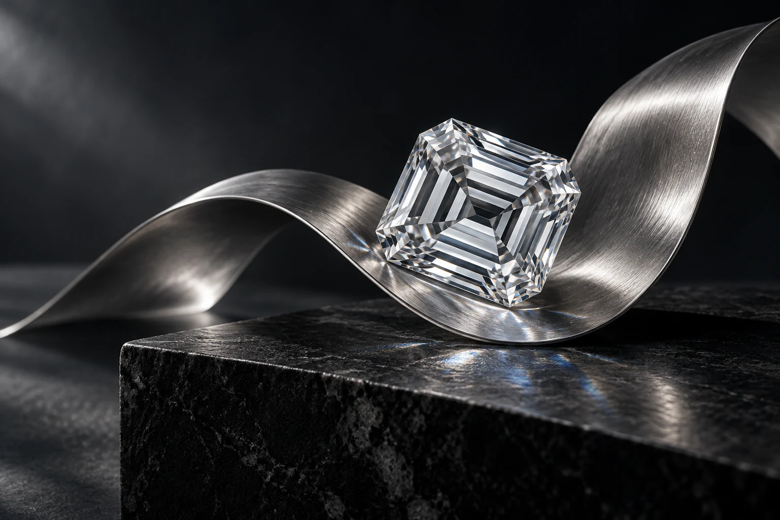 CLICO concept artwork: an emerald-cut diamond on sculpted platinum above black stone